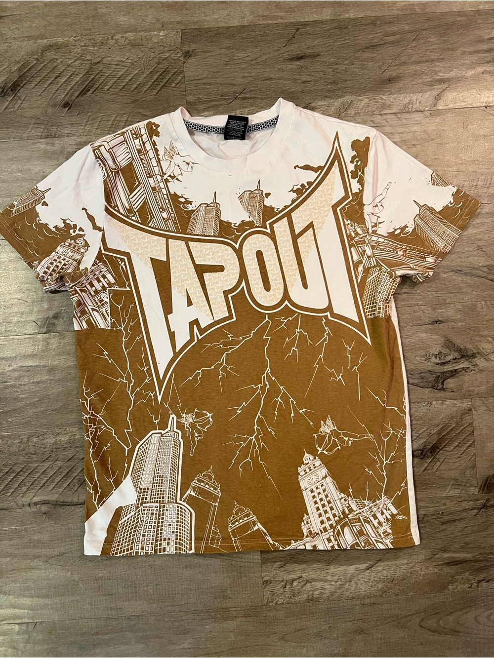 Y2K Tapout T-Shirt Men Medium City Lightning All Over Print Graphic MMA Brown